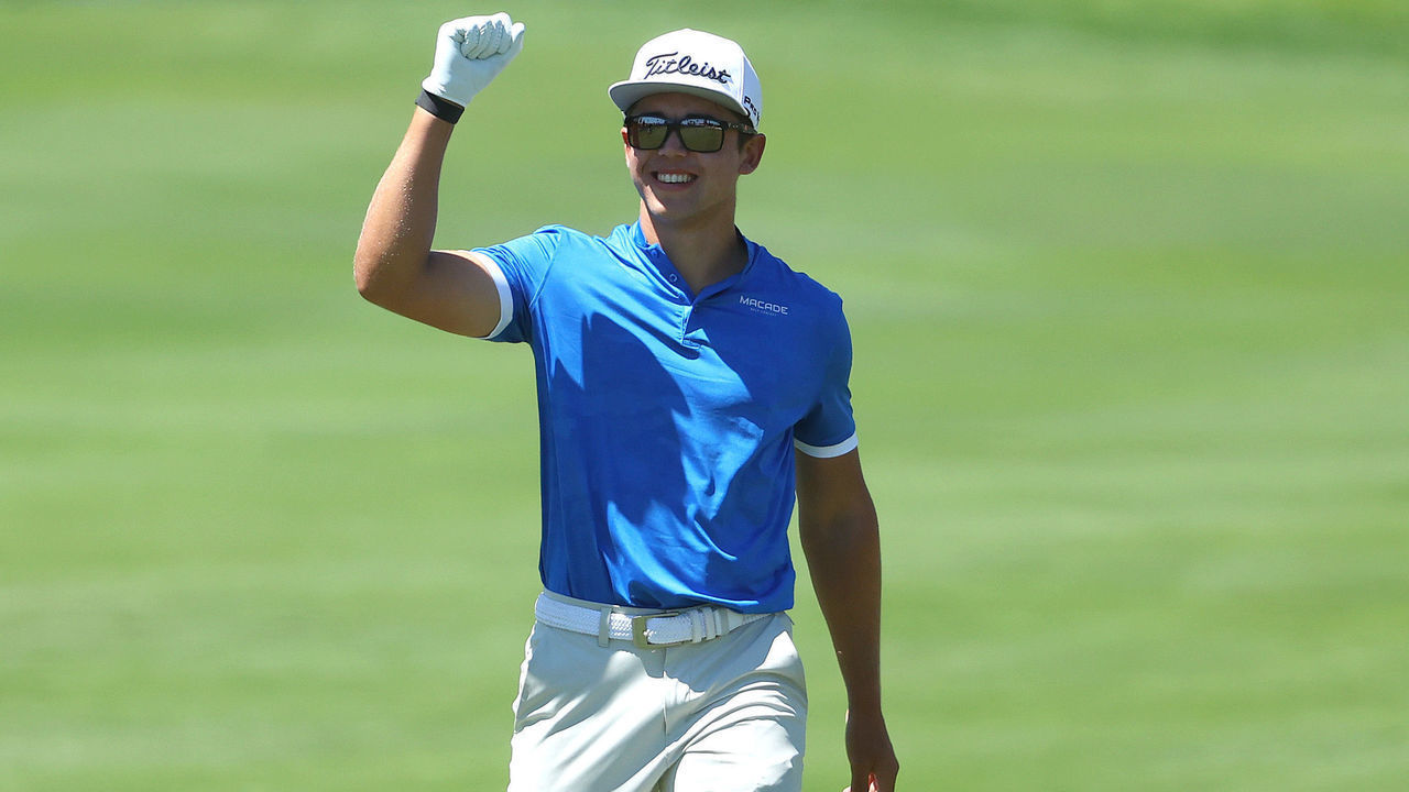 TENERIFE, SPAIN - MAY 09: Garrick Higgo of South Africa acknowledges the crowd as he walks down the 18th fairway during the final round of the Canary Islands Championship at Golf Costa Adeje on May 09, 2021 in Tenerife, Spain.