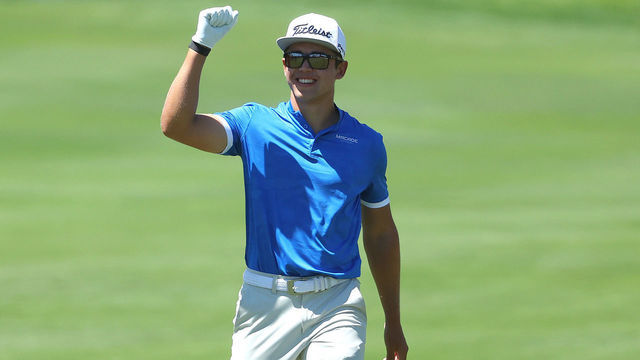 TENERIFE, SPAIN - MAY 09: Garrick Higgo of South Africa acknowledges the crowd as he walks down the 18th fairway during the final round of the Canary Islands Championship at Golf Costa Adeje on May 09, 2021 in Tenerife, Spain.