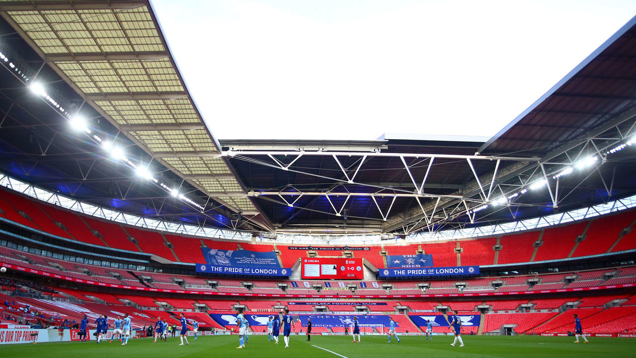 LONDON, ENGLAND - APRIL 17: A general view of the match during the Semi Final of the Emirates FA Cup match between Manchester City and Chelsea FC at Wembley Stadium on April 17, 2021 in London, England. Sporting stadiums around the UK remain under strict restrictions due to the Coronavirus Pandemic as Government social distancing laws prohibit fans inside venues resulting in games being played behind closed doors.
