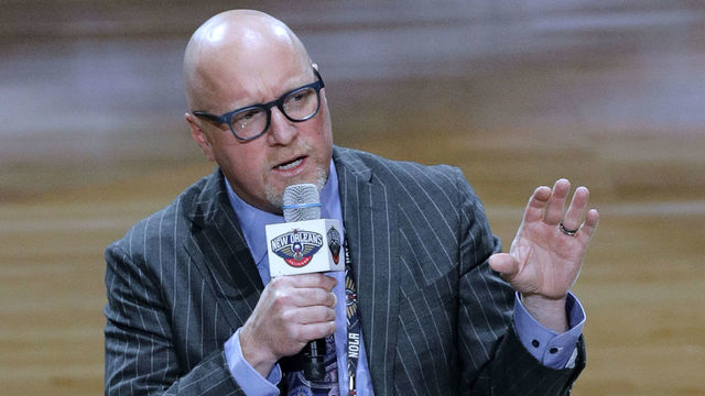 NEW ORLEANS, LA - Oct 11: New Orleans Pelicans Executive Vice President of Basketball Operations David Griffin speaks to the fans during halftime during a NBA preseason game between the New Orleans Pelicans and the Utah Jazz at Smoothie King Center in New Orleans, LA on Oct 11, 2019.