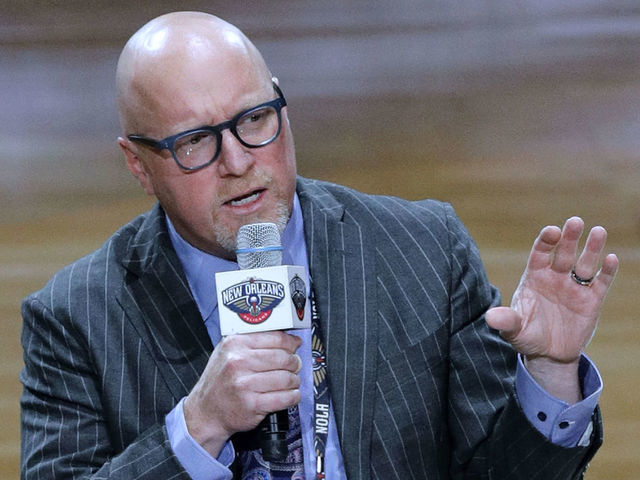 NEW ORLEANS, LA - Oct 11: New Orleans Pelicans Executive Vice President of Basketball Operations David Griffin speaks to the fans during halftime during a NBA preseason game between the New Orleans Pelicans and the Utah Jazz at Smoothie King Center in New Orleans, LA on Oct 11, 2019.