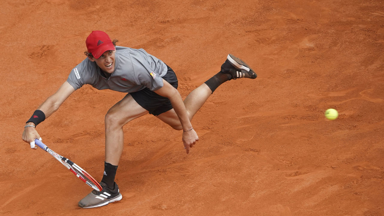 Dominic Thiem of Austria in action during his Men's Singles match, Semifinals, against Alexander Zverev of Germany on the ATP Masters 1000 - Mutua Madrid Open 2021 at La Caja Magica on May 8, 2021 in Madrid, Spain