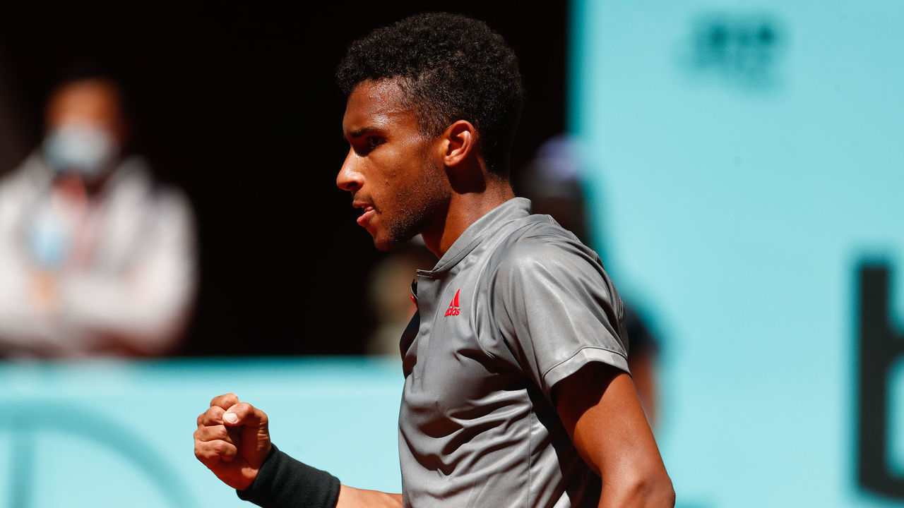MADRID, SPAIN - MAY 04: Felix Auger-Aliassime of Canada celebrates during his Men's Singles match, round of 64, against Casper Ruud of Norway on the ATP Masters 1000 - Mutua Madrid Open 2021 at La Caja Magica on May 4, 2021 in Madrid, Spain