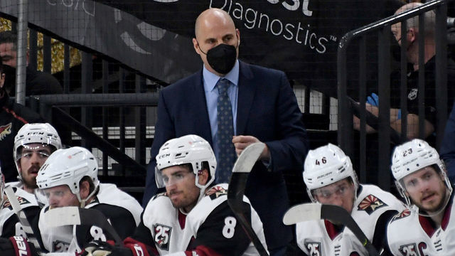 LAS VEGAS, NEVADA - APRIL 11: Head coach Rick Tocchet of the Arizona Coyotes handles bench duties in the second period of a game against the Vegas Golden Knights at T-Mobile Arena on April 11, 2021 in Las Vegas, Nevada. The Golden Knights defeated the Coyotes 1-0.