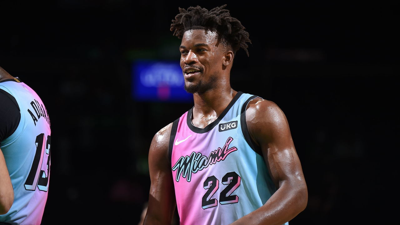 BOSTON, MA - MAY 9: Jimmy Butler #22 of the Miami Heat smiles during the game against the Boston Celtics on May 9, 2021 at the TD Garden in Boston, Massachusetts. Mandatory Copyright Notice: Copyright 2021 NBAE