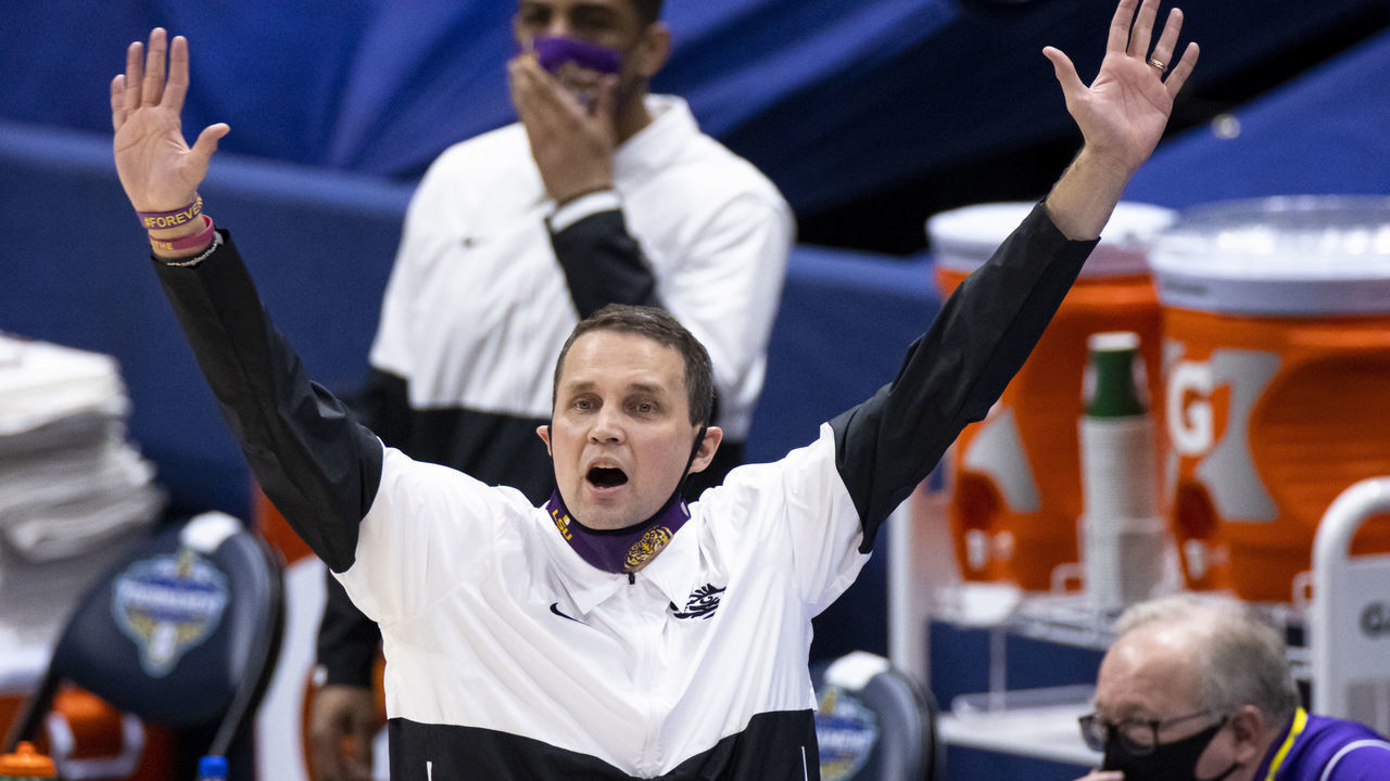 NASHVILLE, TN - MARCH 12: Head coach Will Wade of the LSU Tigers instructs his players against the Mississippi Rebels during the second half of their quarterfinal game in the SEC Men's Basketball Tournament at Bridgestone Arena on March 12, 2021 in Nashville, Tennessee. LSU defeats Mississippi 76-73.