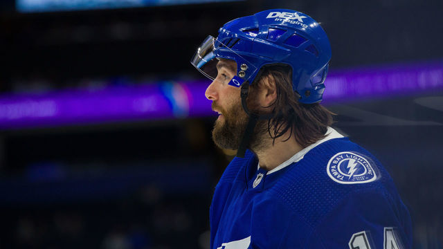 TAMPA, FL - APRIL 1: Pat Maroon #14 of the Tampa Bay Lightning skates against the Columbus Blue Jackets during the third period at Amalie Arena on April 1, 2021 in Tampa, Florida.