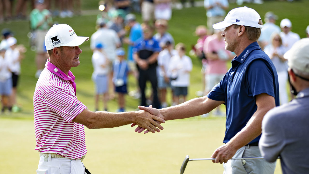 BIRMINGHAM, ALABAMA - MAY 09: Alex Cejka from Germany is congratulated by Steve Stricker after winning the Regions Tradition at Greystone Country Club on May 09, 2021 in Birmingham, Alabama.