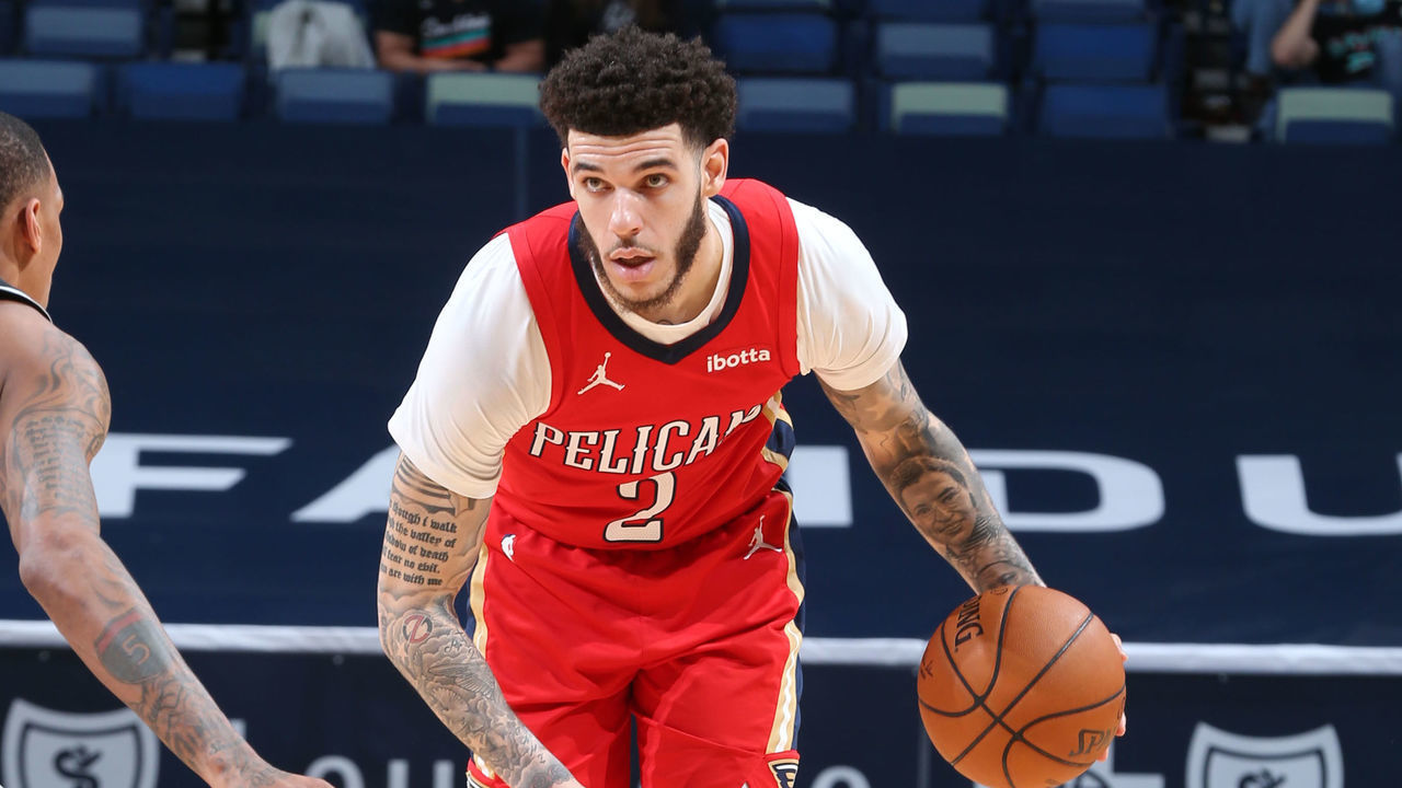NEW ORLEANS, LA - APRIL 24: Lonzo Ball #2 of the New Orleans Pelicans handles the ball during the game against the San Antonio Spurs on April 24, 2021 at the Smoothie King Center in New Orleans, Louisiana. Mandatory Copyright Notice: Copyright 2021 NBAE