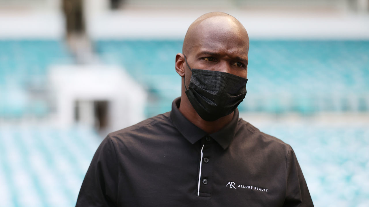 MIAMI GARDENS, FLORIDA - MAY 06: Chad "OchoCinco" Johnson takes part in media availability prior to the June 6 match between Floyd Mayweather and Logan Paul at Hard Rock Stadium on May 06, 2021 in Miami Gardens, Florida.