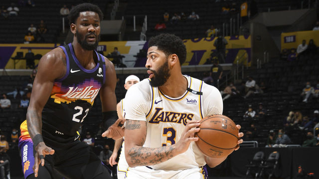 LOS ANGELES, CA - MAY 9: Anthony Davis #3 of the Los Angeles Lakers handles the ball during the game against the Phoenix Suns on May 9, 2021 at STAPLES Center in Los Angeles, California. NOTE TO USER: User expressly acknowledges and agrees that, by downloading and/or using this Photograph, user is consenting to the terms and conditions of the Getty Images License Agreement. Mandatory Copyright Notice: Copyright 2021 NBAE