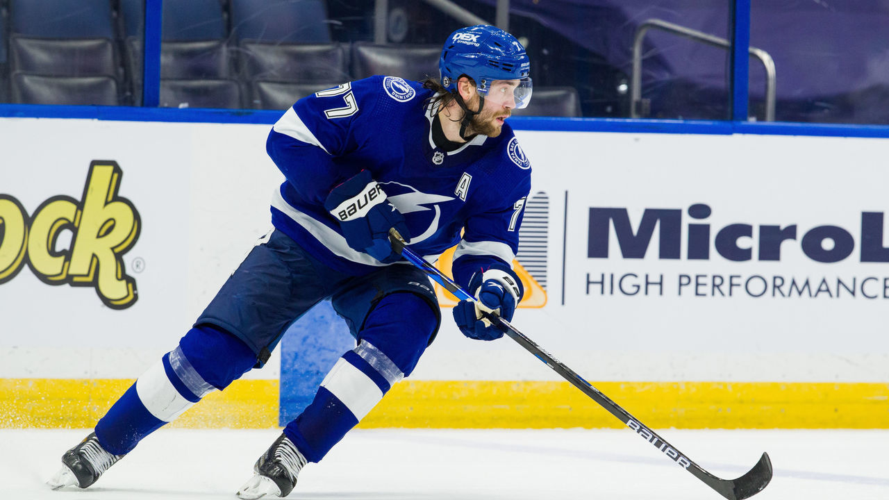 TAMPA, FL - MAY 5: Victor Hedman #77 of the Tampa Bay Lightning skates against the Dallas Stars during the second period at Amalie Arena on May 5, 2021 in Tampa, Florida.