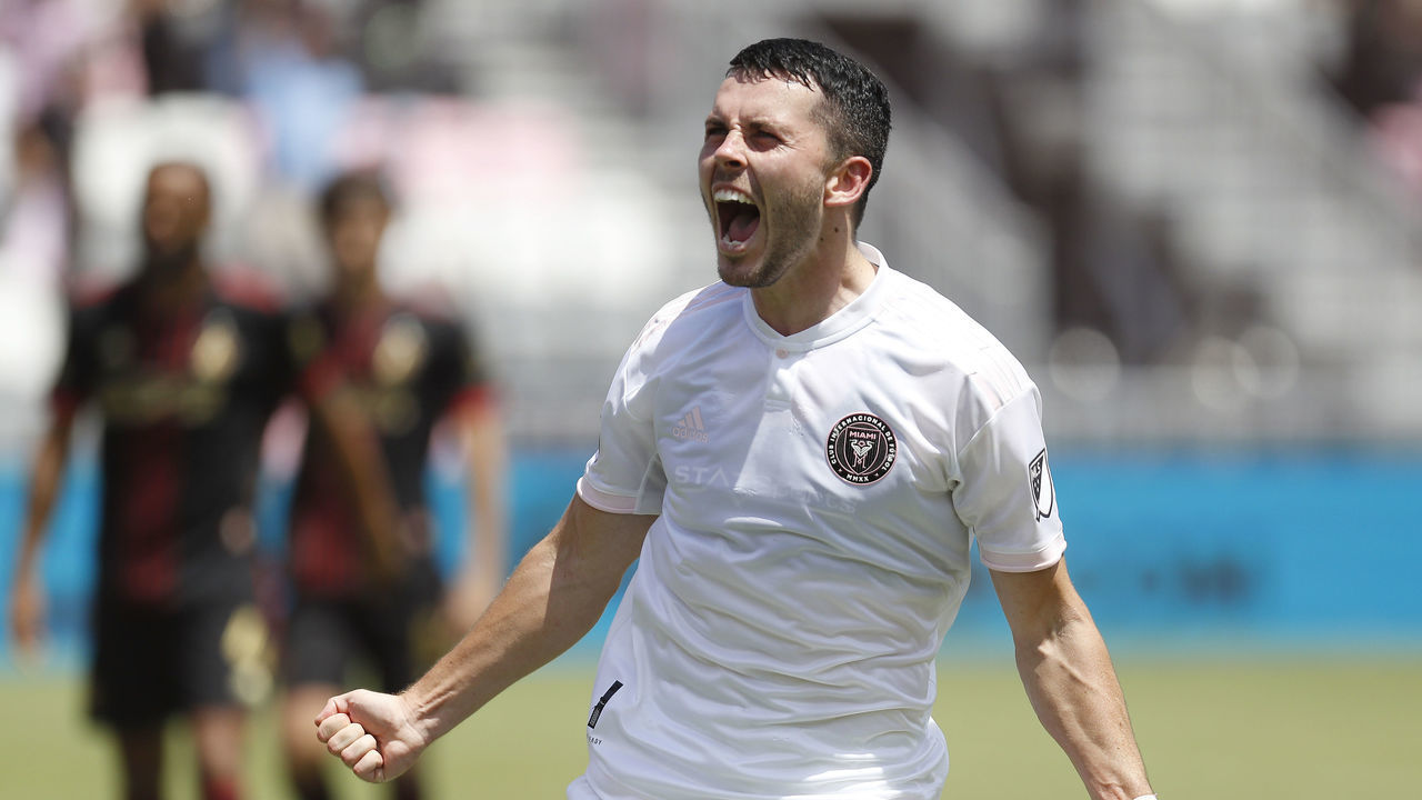 FORT LAUDERDALE, FLORIDA - MAY 09: Lewis Morgan #7 of Inter Miami CF celebrates after scoring a goal in the 77' against Atlanta United during the second half at DRV PNK Stadium on May 09, 2021 in Fort Lauderdale, Florida.