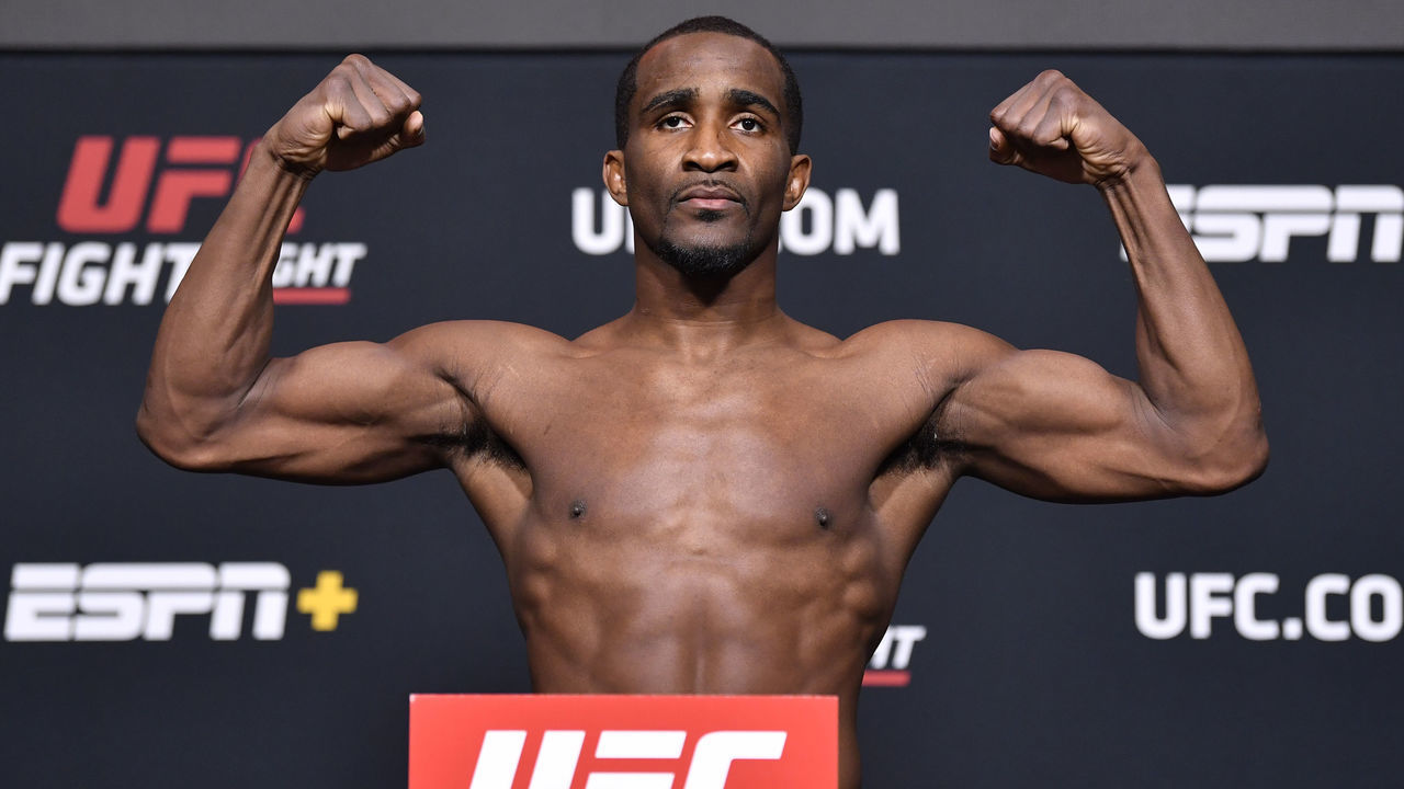 LAS VEGAS, NEVADA - MAY 07: Geoff Neal poses on the scale during the UFC weigh-in at UFC APEX on May 07, 2021 in Las Vegas, Nevada.