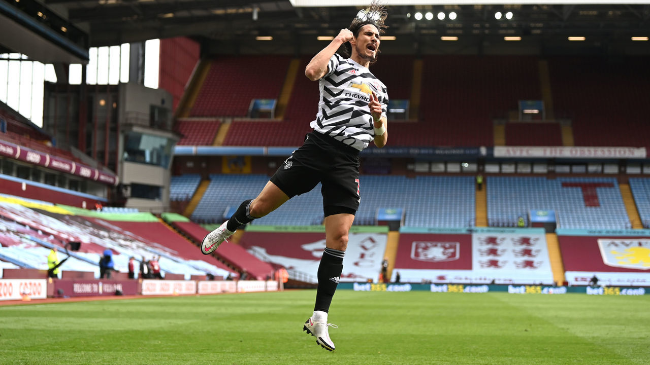BIRMINGHAM, ENGLAND - MAY 09: Edinson Cavani of Manchester United celebrates after scoring their team's third goal during the Premier League match between Aston Villa and Manchester United at Villa Park on May 09, 2021 in Birmingham, England. Sporting stadiums around the UK remain under strict restrictions due to the Coronavirus Pandemic as Government social distancing laws prohibit fans inside venues resulting in games being played behind closed doors.
