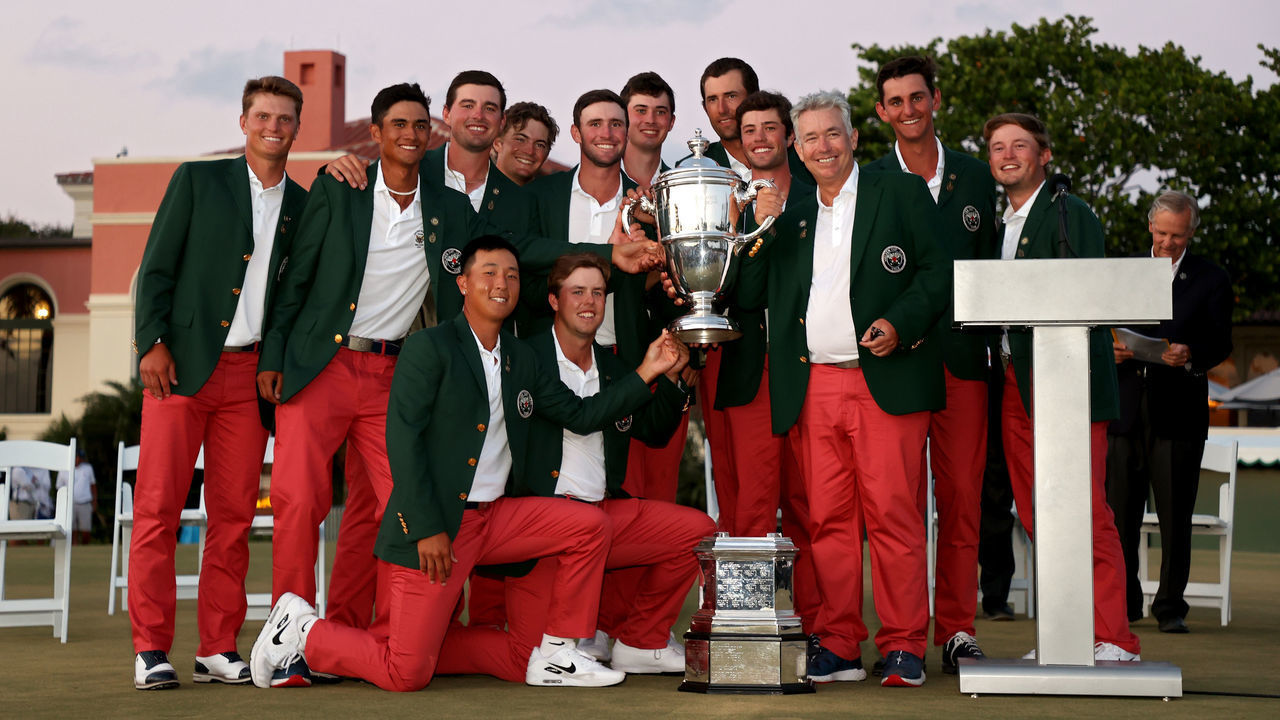 JUNO BEACH, FLORIDA - MAY 09: Team USA poses with the trophy after defeating Team Great Britain and Ireland on Day Two of The Walker Cup at Seminole Golf Club on May 09, 2021 in Juno Beach, Florida.