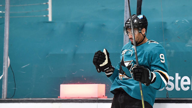 SAN JOSE, CA - MAY 03: Evander Kane #9 of the San Jose Sharks celebrates scoring a goal against the Colorado Avalanche at SAP Center on May 3, 2021 in San Jose, California.