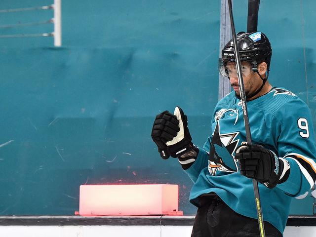 SAN JOSE, CA - MAY 03: Evander Kane #9 of the San Jose Sharks celebrates scoring a goal against the Colorado Avalanche at SAP Center on May 3, 2021 in San Jose, California.