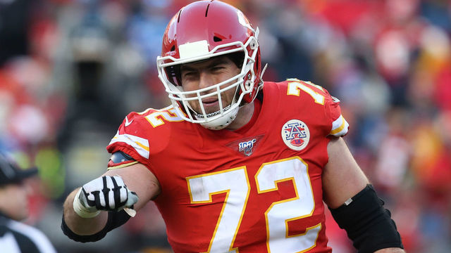 KANSAS CITY, MO - JANUARY 19: Kansas City Chiefs offensive tackle Eric Fisher (72) looks to fist bump a teammate in the third quarter of the AFC Championship game between the Tennessee Titans and Kansas City Chiefs on January 19, 2020 at Arrowhead Stadium in Kansas City, MO.