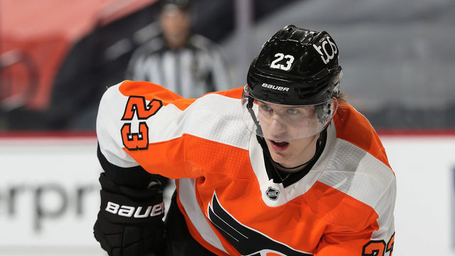 PHILADELPHIA, PA - MARCH 11: Oskar Lindblom #23 of the Philadelphia Flyers looks on against the Washington Capitals at the Wells Fargo Center on March 11, 2021 in Philadelphia, Pennsylvania.