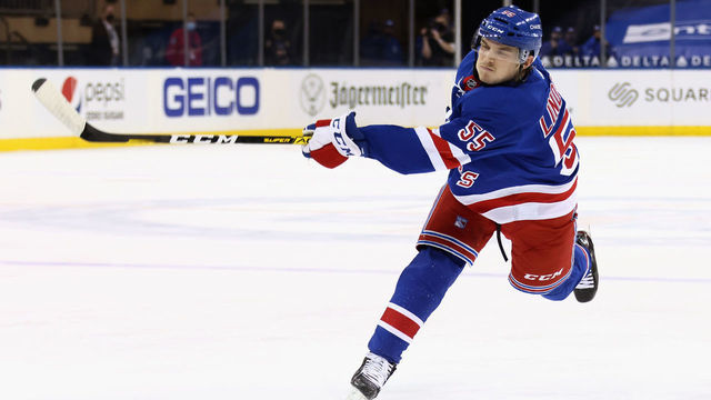 NEW YORK, NEW YORK - APRIL 27: Ryan Lindgren #55 of the New York Rangers skates against the Buffalo Sabres at Madison Square Garden on April 27, 2021 in New York City. The Rangers defeated the Sabres 3-1.