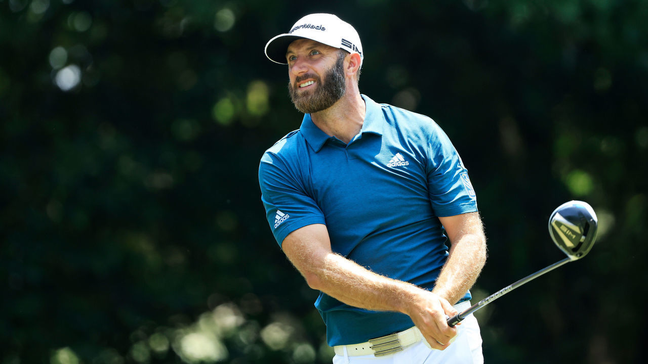 PALM HARBOR, FLORIDA - MAY 01: Dustin Johnson of the United States plays his shot from the ninth tee during the third round of the Valspar Championship on the Copperhead Course at Innisbrook Resort on May 01, 2021 in Palm Harbor, Florida.