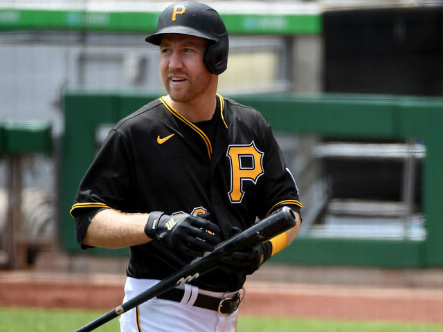 PITTSBURGH, PA - MAY 02: Todd Frazier #99 of the Pittsburgh Pirates walks back to the dugout after striking out in the first inning during the game against the St. Louis Cardinals at PNC Park on May 2, 2021 in Pittsburgh, Pennsylvania.