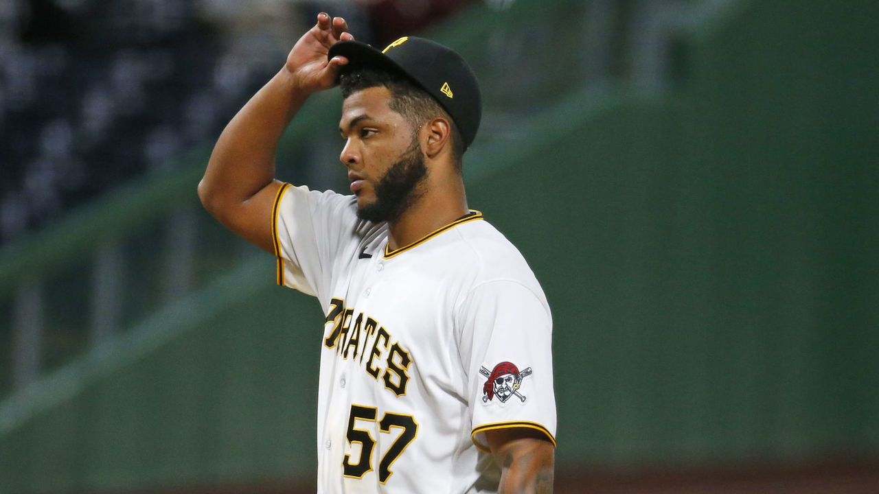 PITTSBURGH, PA - APRIL 12: Luis Oviedo #57 of the Pittsburgh Pirates reacts after giving up a two-run home run in the sixth inning against the San Diego Padres at PNC Park on April 12, 2021 in Pittsburgh, Pennsylvania.