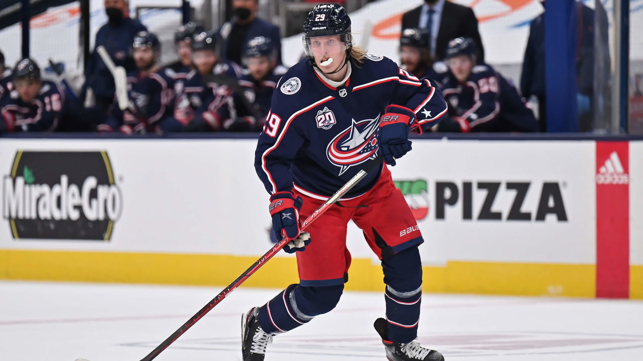COLUMBUS, OH - MAY 5: Patrik Laine #29 of the Columbus Blue Jackets skates against the Nashville Predators at Nationwide Arena on May 5, 2021 in Columbus, Ohio.