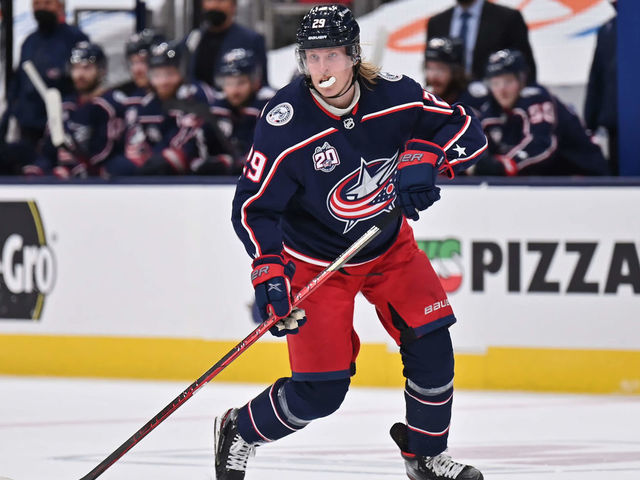 COLUMBUS, OH - MAY 5: Patrik Laine #29 of the Columbus Blue Jackets skates against the Nashville Predators at Nationwide Arena on May 5, 2021 in Columbus, Ohio.