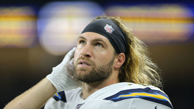 DETROIT, MI - SEPTEMBER 15: Sean Culkin #80 of the Los Angeles Chargers looks on from the sidelines before the start of the game against the Detroit Lions at Ford Field on September 15, 2019 in Detroit, Michigan.
