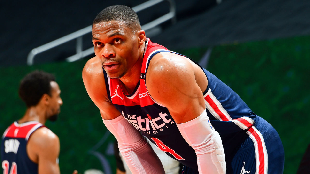 ATLANTA, GA - MAY 10: Russell Westbrook #4 of the Washington Wizards looks on during the game against the Atlanta Hawks after passing Oscar Robertson for the most triple doubles of all time on May 10, 2021 at State Farm Arena in Atlanta, Georgia. NOTE TO USER: User expressly acknowledges and agrees that, by downloading and/or using this Photograph, user is consenting to the terms and conditions of the Getty Images License Agreement. Mandatory Copyright Notice: Copyright 2021 NBAE
