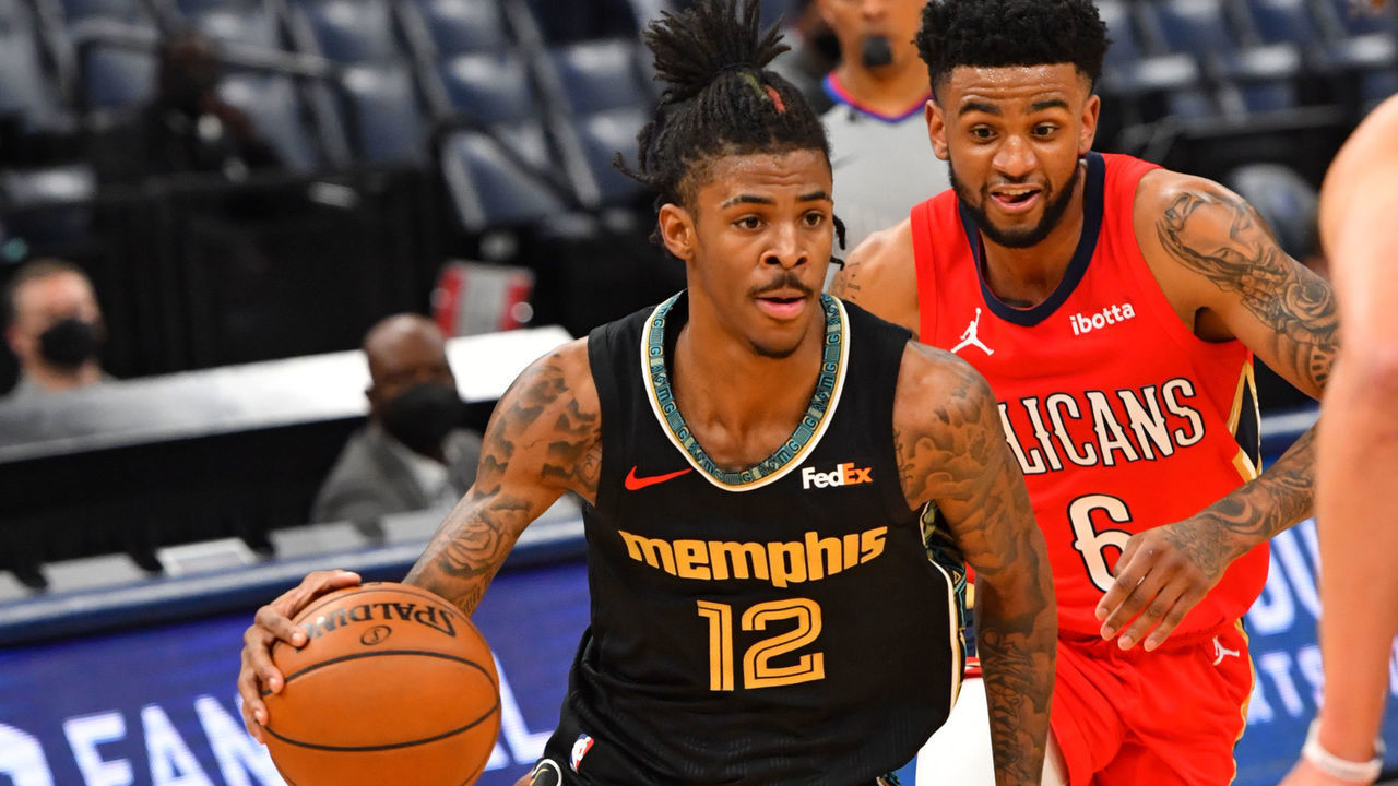 MEMPHIS, TN - MAY 10: Ja Morant #12 of the Memphis Grizzlies handles the ball against the New Orleans Pelicans on May 10, 2021 at FedExForum in Memphis, Tennessee. NOTE TO USER: User expressly acknowledges and agrees that, by downloading and/or using this Photograph, user is consenting to the terms and conditions of the Getty Images License Agreement. Mandatory Copyright Notice: Copyright 2021 NBAE