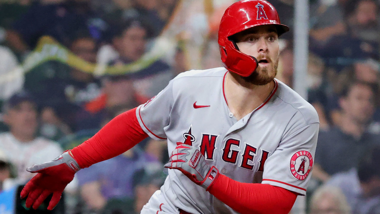 HOUSTON, TEXAS - MAY 10: Jared Walsh #20 of the Los Angeles Angels drops his bat after hitting a home run during the sixth inning against the Houston Astros at Minute Maid Park on May 10, 2021 in Houston, Texas.