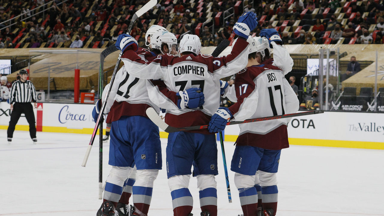 LAS VEGAS, NEVADA - MAY 10: The Colorado Avalanche celebrate a third-period goal by J.T. Compher #37 of the Colorado Avalanche against the Vegas Golden Knights during their game at T-Mobile Arena on May 10, 2021 in Las Vegas, Nevada. The Avalanche defeated the Golden Knights 2-1.