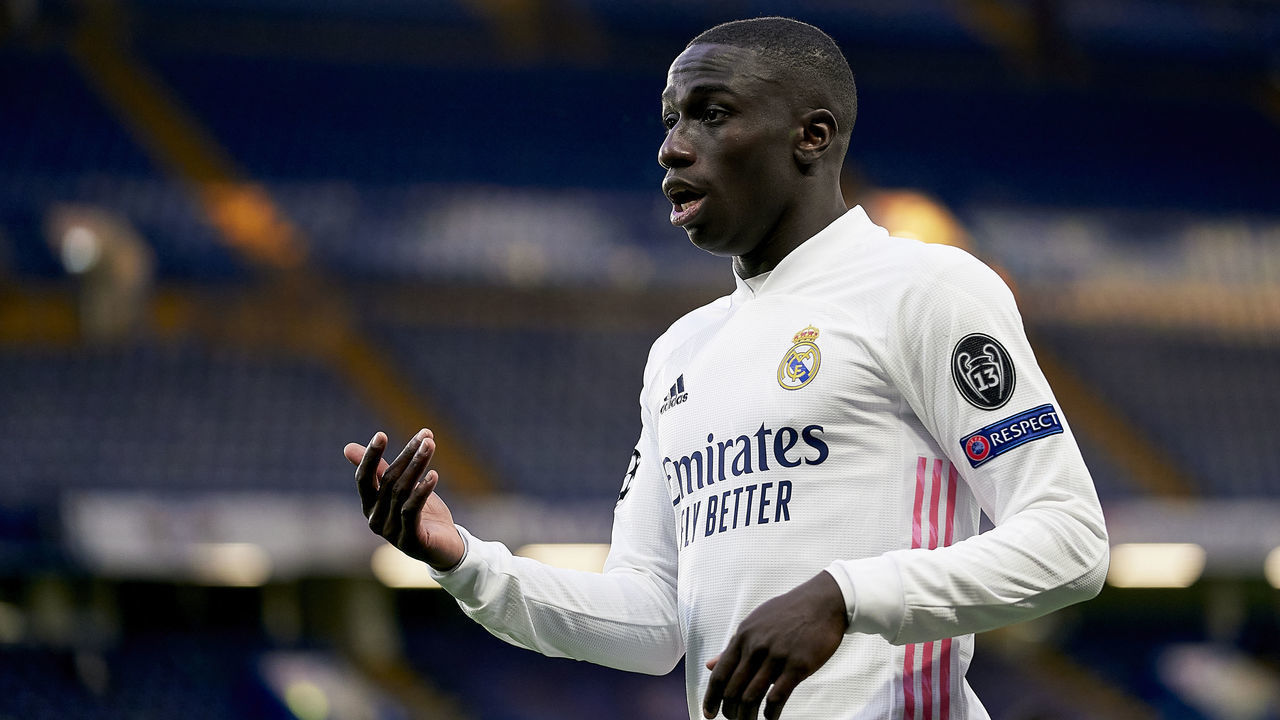 LONDON, ENGLAND - MAY 05: Ferland Mendy of Real Madrid looks on during the UEFA Champions League Semi Final Second Leg match between Chelsea and Real Madrid at Stamford Bridge on May 05, 2021 in London, England. Sporting stadiums around Europe remain under strict restrictions due to the Coronavirus Pandemic as Government social distancing laws prohibit fans inside venues resulting in games being played behind closed doors.