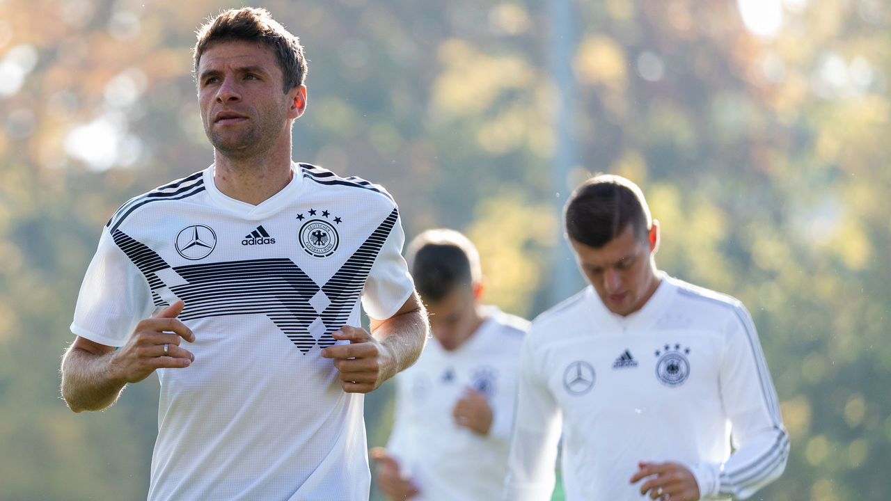 BERLIN, GERMANY - OCTOBER 10: Thomas Mueller of Germany looks on during a training session of the German national team at Stadion auf dem Wurfplatz on October 10, 2018 in Berlin, Germany.
