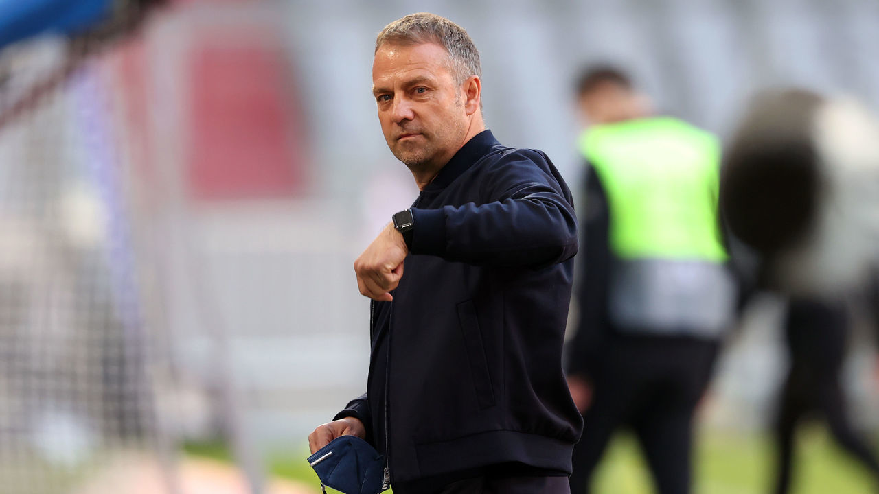 MUNICH, GERMANY - MAY 08: Hans-Dieter Flick, Head Coach of FC Bayern Muenchen reacts prior to the Bundesliga match between FC Bayern Muenchen and Borussia Moenchengladbach at Allianz Arena on May 08, 2021 in Munich, Germany. Sporting stadiums around Germany remain under strict restrictions due to the Coronavirus Pandemic as Government social distancing laws prohibit fans inside venues resulting in games being played behind closed doors.