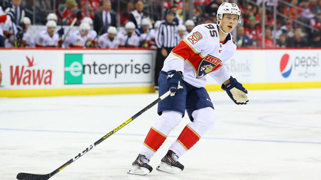 NEWARK, NJ - OCTOBER 14: Florida Panthers center Henrik Borgstrom (95) skates during the third period of the National Hockey League game between the New Jersey Devils and the Florida Panthers on October 14, 2019 at the Prudential Center in Newark, NJ.