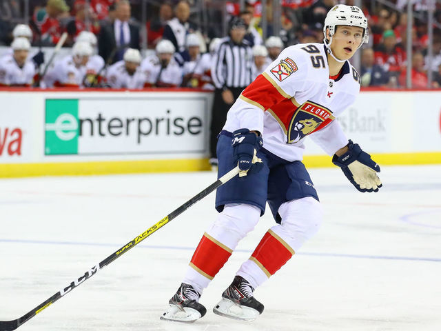 NEWARK, NJ - OCTOBER 14: Florida Panthers center Henrik Borgstrom (95) skates during the third period of the National Hockey League game between the New Jersey Devils and the Florida Panthers on October 14, 2019 at the Prudential Center in Newark, NJ.