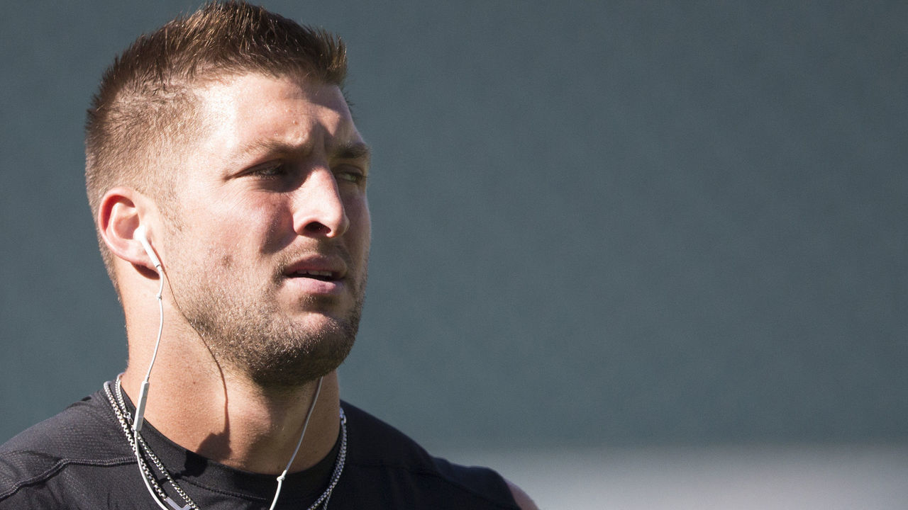 PHILADELPHIA, PA - AUGUST 22: Tim Tebow #11 of the Philadelphia Eagles warms up prior to the game against the Baltimore Ravens on August 22, 2015 at Lincoln Financial Field in Philadelphia, Pennsylvania.