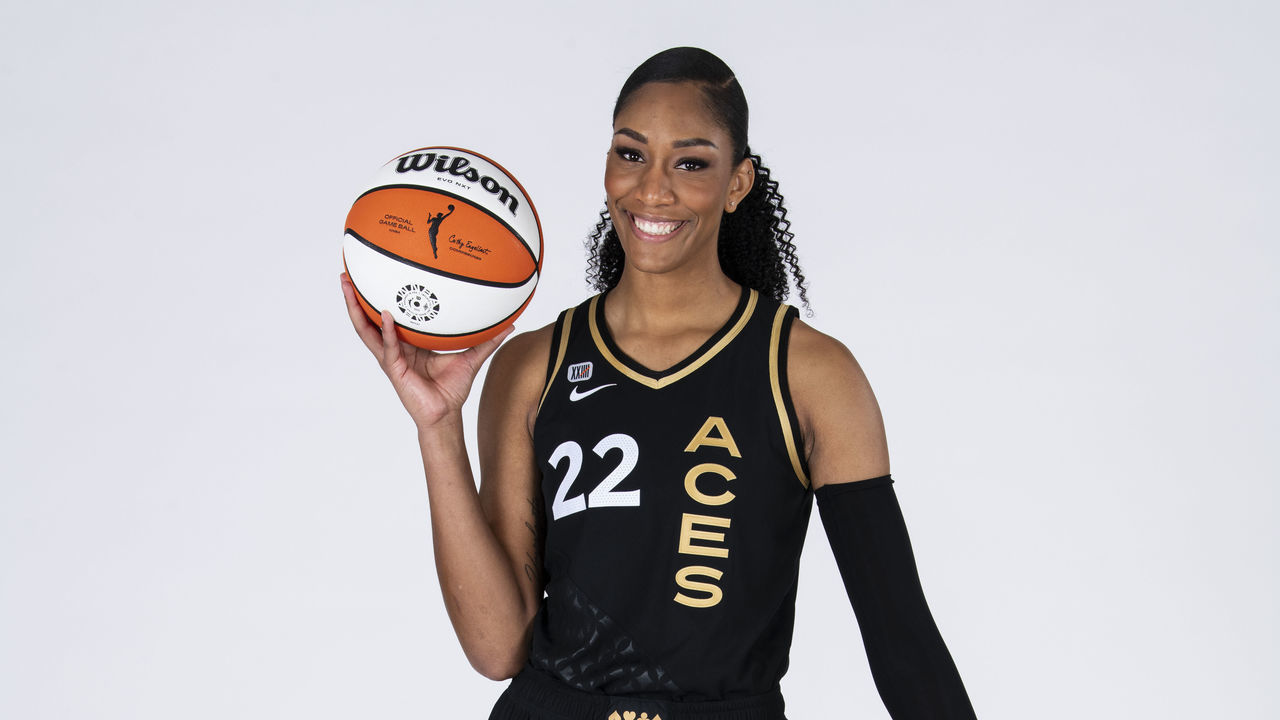 LAS VEGAS, NV - MAY 03: A'ja Wilson #22 of the Las Vegas Aces poses for a portrait during 2021 WNBA Media Day at the Michelob Ultra Arena on May 3, 2021 in Las Vegas, Nevada.