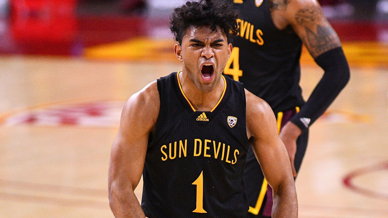 LOS ANGELES, CA - FEBRUARY 17: Arizona State guard Remy Martin (1) reacts to making a shot during the college basketball game between the Arizona State Sun Devils and the USC Trojans on February 17, 2021 at Galen Center in Los Angeles, CA. The game was played without fans due to the COVID-19 pandemic.