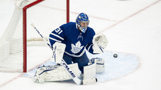 TORONTO, ON - FEBRUARY 17: Frederik Andersen #31 of the Toronto Maple Leafs makes a save against the Ottawa Senators during the second period at the Scotiabank Arena on February 17, 2021 in Toronto, Ontario, Canada.