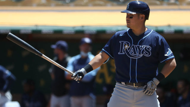 OAKLAND, CA - MAY 08: Tampa Bay Rays Infielder Yoshi Tsutsugo (25) stands in a batter's box during the MLB game between the Tampa Bay Rays and the Oakland Athletics on May 08, 2021, at RingCentral Coliseum in Oakland, CA.