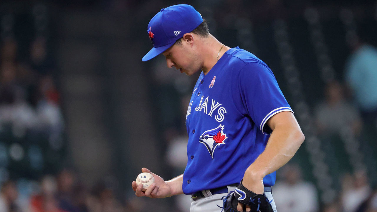 HOUSTON, TEXAS - MAY 09: Nate Pearson #24 of the Toronto Blue Jays looks down prior to being pulled during the third inning against the Houston Astros at Minute Maid Park on May 09, 2021 in Houston, Texas.