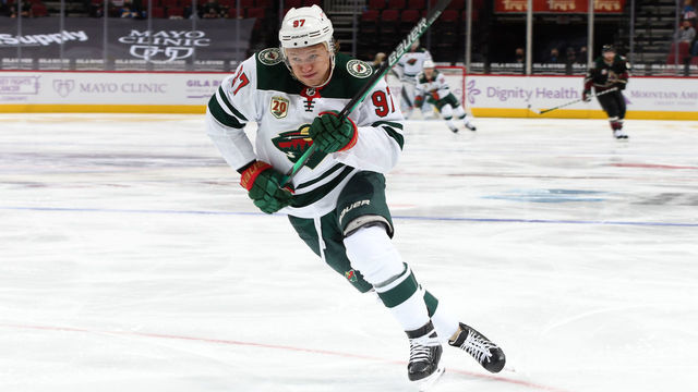 GLENDALE, ARIZONA - APRIL 19: Kirill Kaprizov #97 of the Minnesota Wild skates up ice against the Arizona Coyotes at Gila River Arena on April 19, 2021 in Glendale, Arizona.
