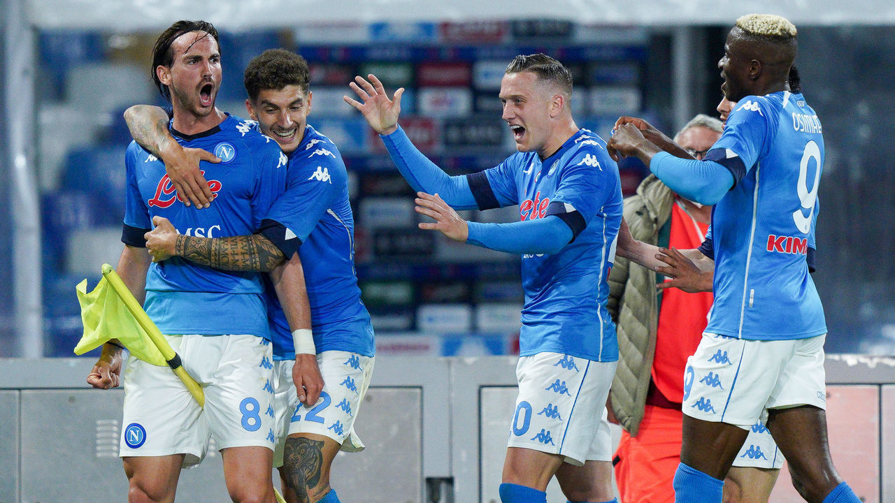 Fabian Ruiz of SSC Napoli celebrates after scoring second goal during the Serie A match between Napoli and Udinese at Stadio Diego Armando Maradona, Naples, Italy on 11 May 2021.