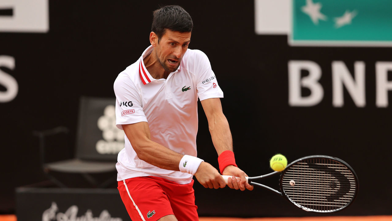 ROME, ITALY - MAY 11: Novak Djokovic of Serbia plays a backhand during his singles match against Taylor Fritz of United States during day 4 of the Internazionali BNL d’Italia at Foro Italico on May 11, 2021 in Rome, Italy.
