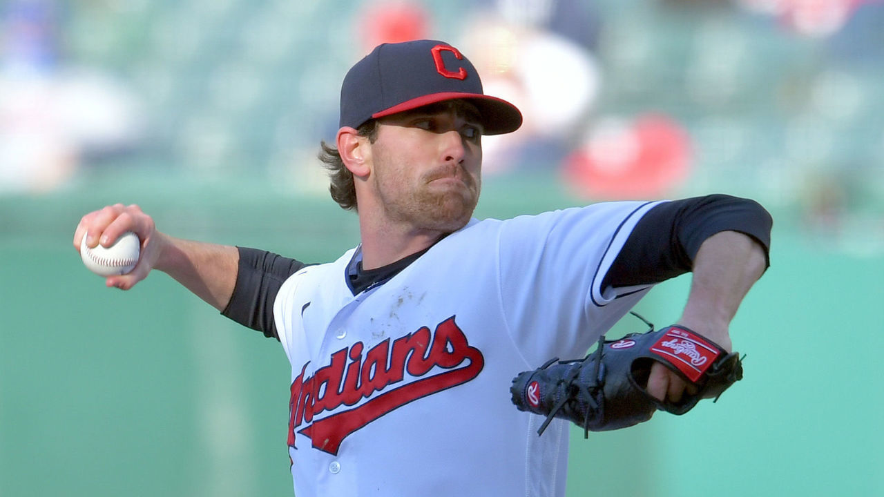 CLEVELAND, OHIO - MAY 11: Starting pitcher Shane Bieber #57 of the Cleveland Indians pitches during the first inning against the Chicago Cubs at Progressive Field on May 11, 2021 in Cleveland, Ohio.